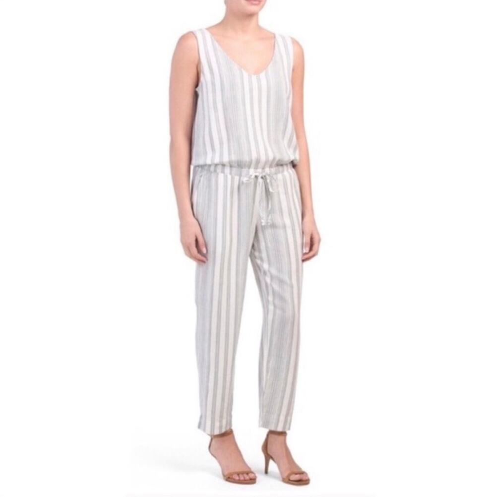 Anthropologie Cloth & Stone Linen Blend Striped Jumpsuit Size S Small Blue